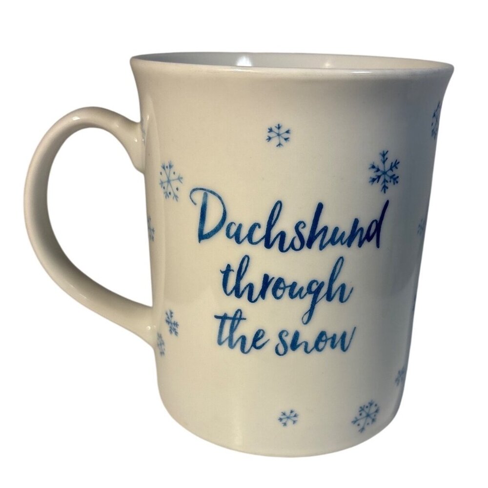 Dachshund Through The Snow Ceramic Mug by Fringe Studio White Blue Snowflakes